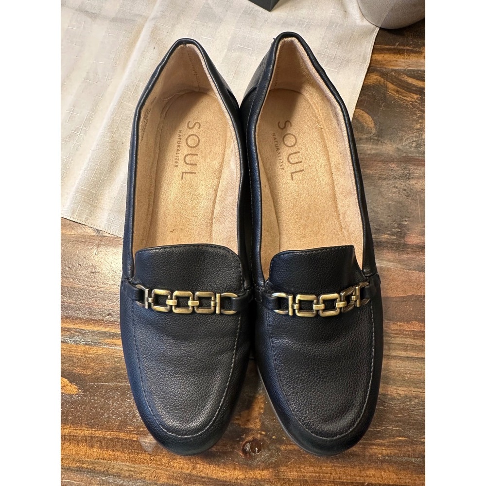 SOUL Naturalizer Lydia Black Faux Leather Loafer Flats Chain Detail Women's 9.5M